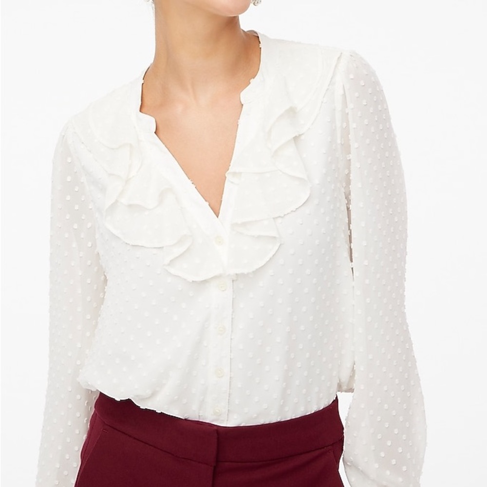 NWT J Crew Petite Clip-dot Ruffle Button Up Shirt - Size PL